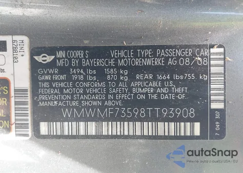 2008 Mini Cooper S из США, поврежденный, VIN WMWMF73598TT93908